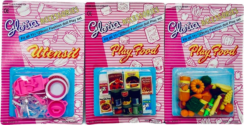 YMCtoys - Gloria Fashion Doll Accessories Set  Kitchen Utensils and Play Food  11.4 inch Doll Compatible  3-Box Set